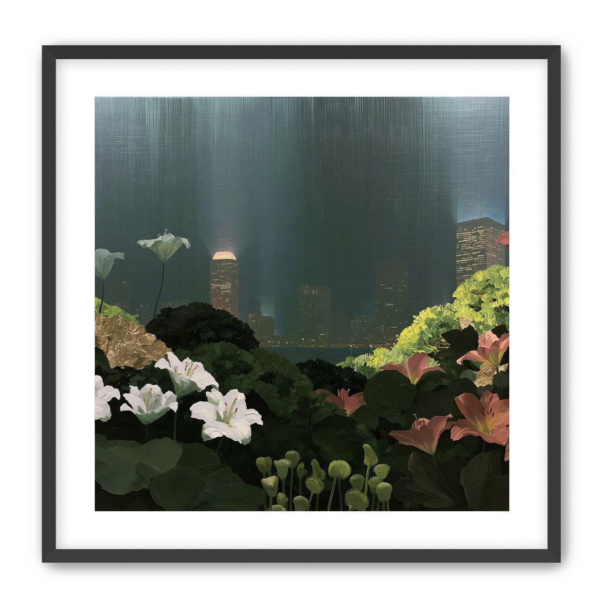 Lilies against the lit skyline
