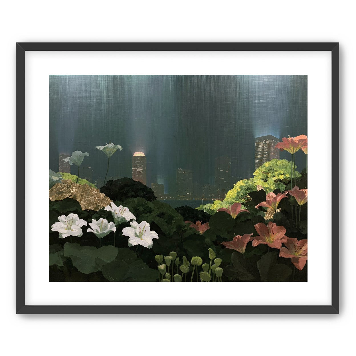 Lilies against the lit skyline
