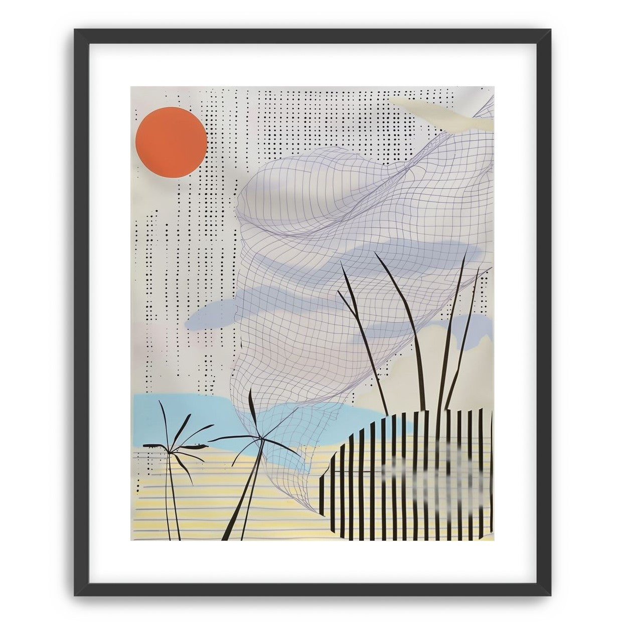 Orange sun over the gridded cloud