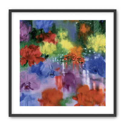 Neon traffic under painted blooms