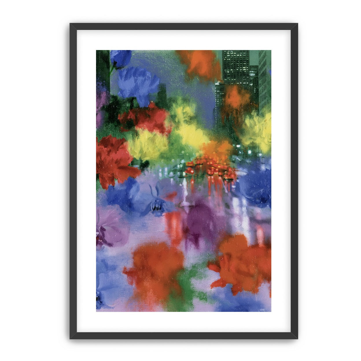 Neon traffic under painted blooms