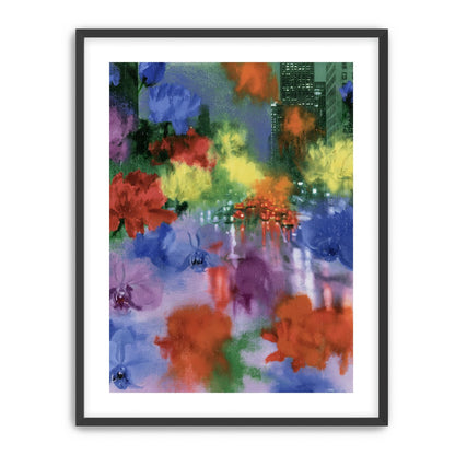 Neon traffic under painted blooms