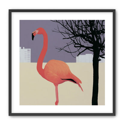 A flamingo beside the bare tree