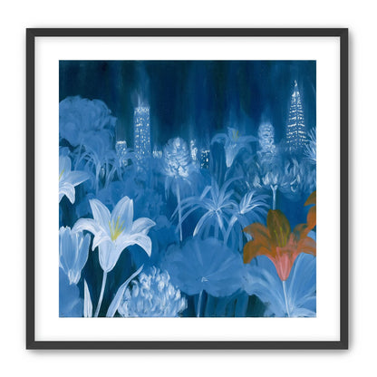 City lights behind lilies