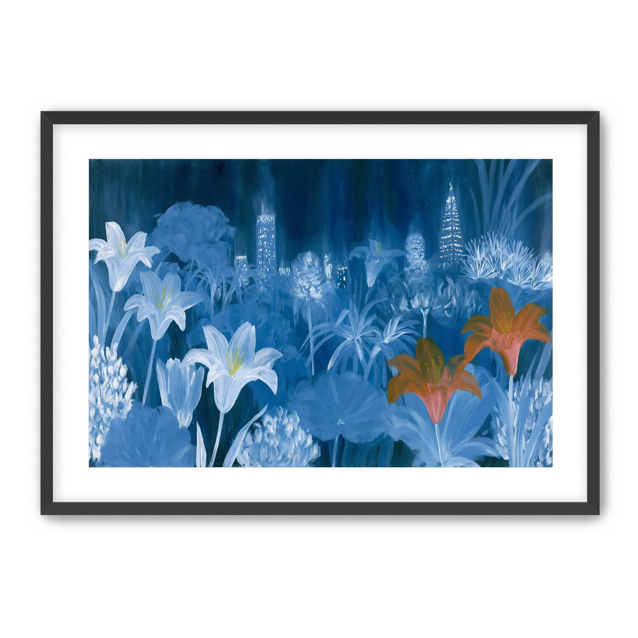 City lights behind lilies