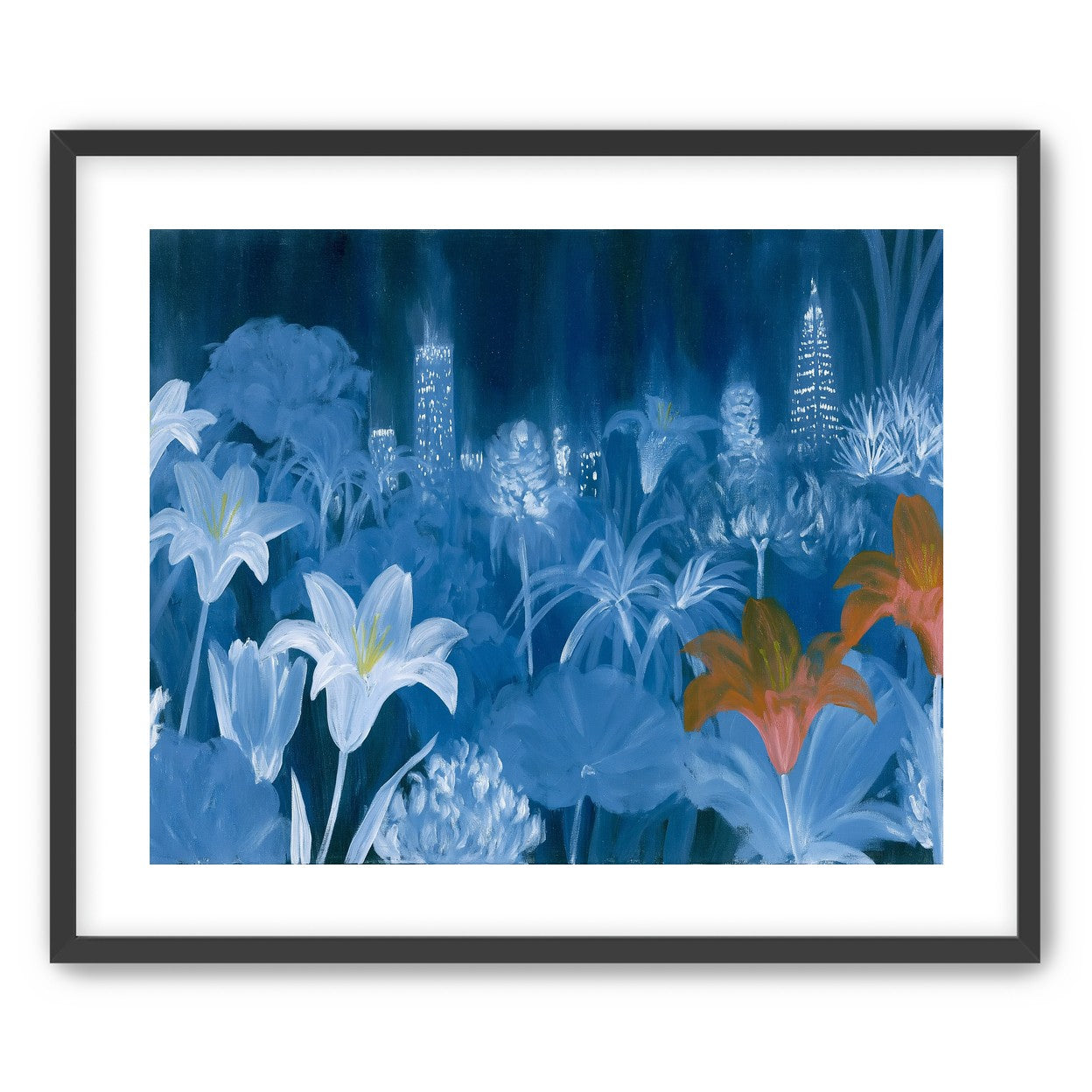 City lights behind lilies