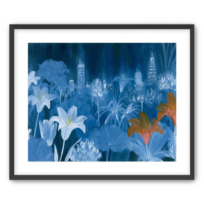 City lights behind lilies