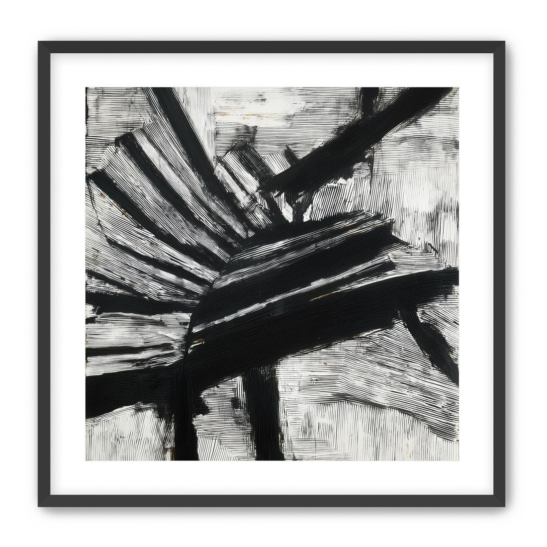 Non-Representational: Thick black brushstrokes cross and stack over a white surface filled with fine scratched lines.