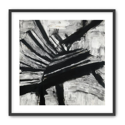 Non-Representational: Thick black brushstrokes cross and stack over a white surface filled with fine scratched lines.