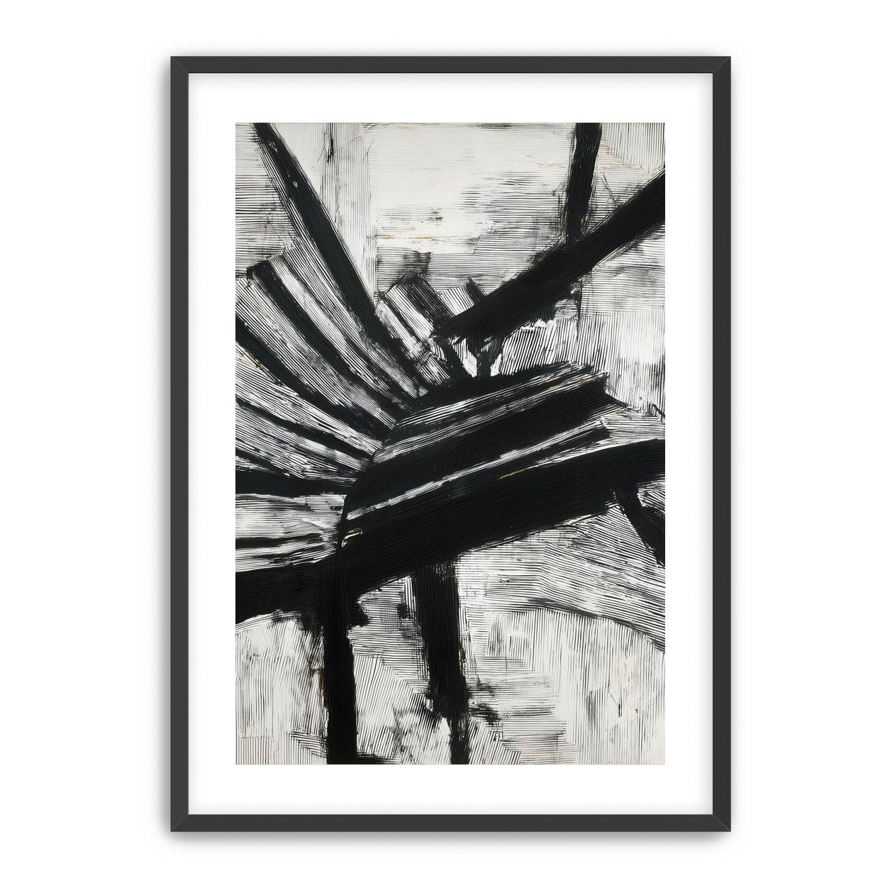 Non-Representational: Thick black brushstrokes cross and stack over a white surface filled with fine scratched lines.