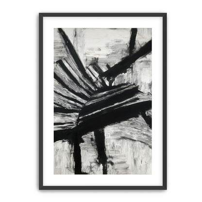 Non-Representational: Thick black brushstrokes cross and stack over a white surface filled with fine scratched lines.