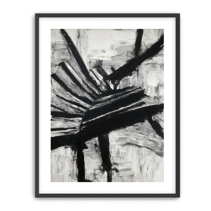 Non-Representational: Thick black brushstrokes cross and stack over a white surface filled with fine scratched lines.