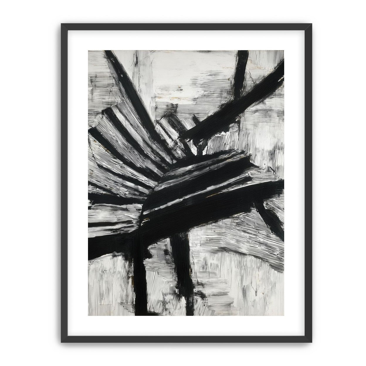 Non-Representational: Thick black brushstrokes cross and stack over a white surface filled with fine scratched lines.