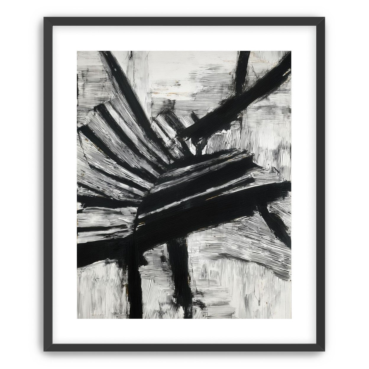 Non-Representational: Thick black brushstrokes cross and stack over a white surface filled with fine scratched lines.