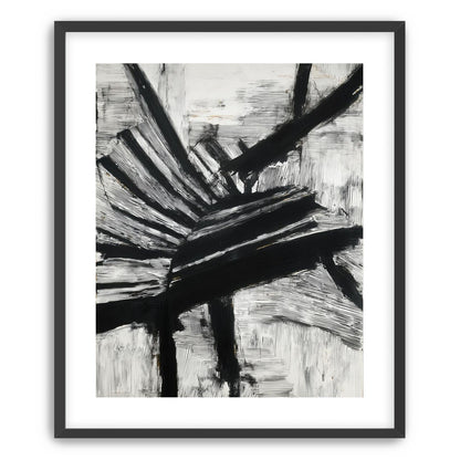 Non-Representational: Thick black brushstrokes cross and stack over a white surface filled with fine scratched lines.