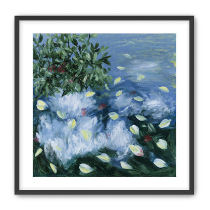 Petals across the blue water