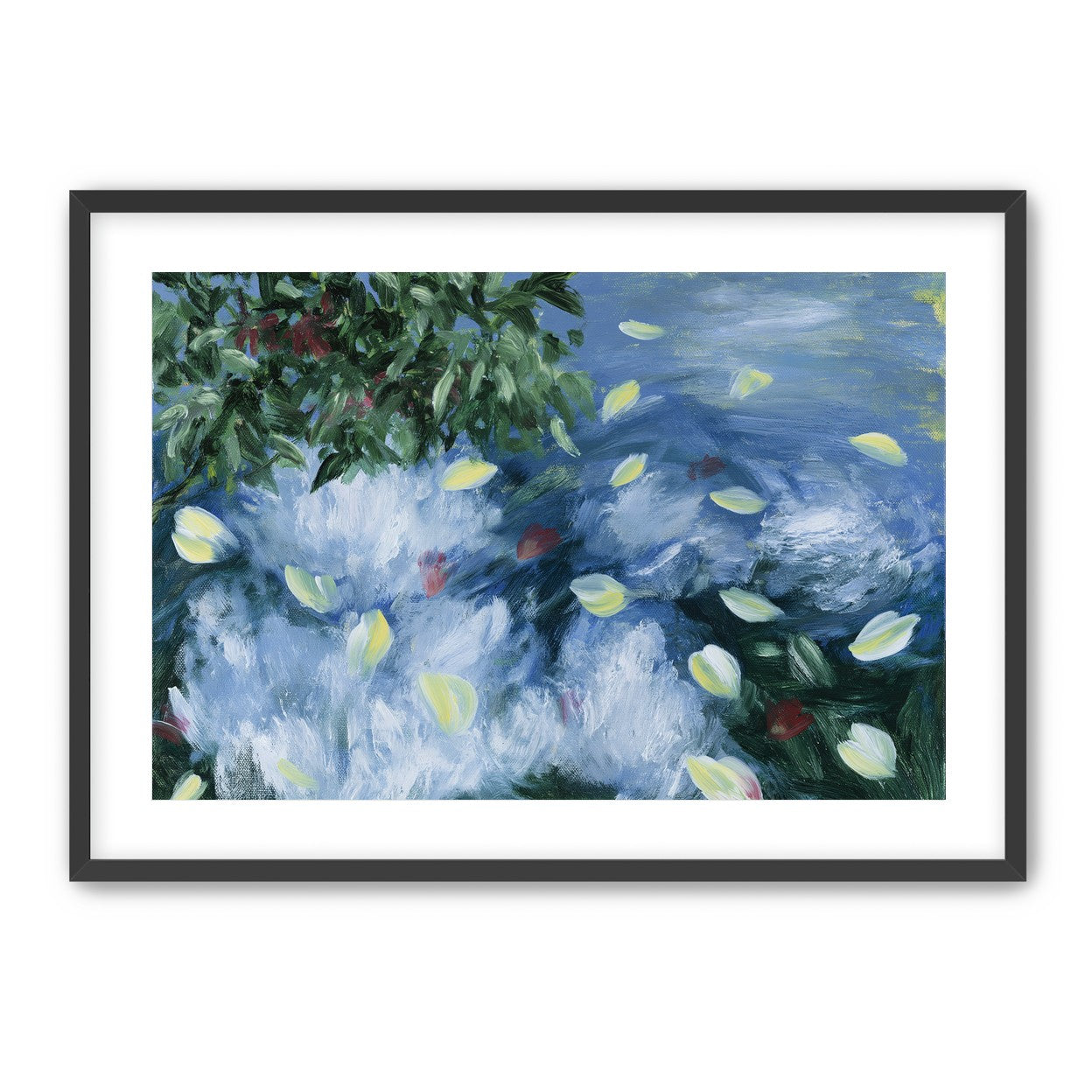 Petals across the blue water