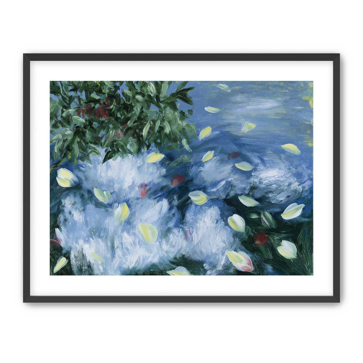 Petals across the blue water