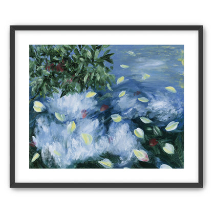 Petals across the blue water