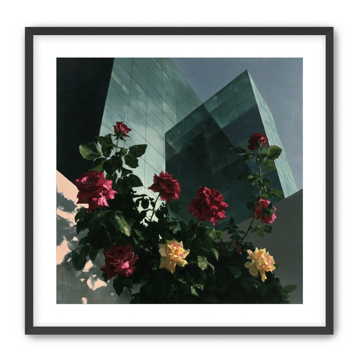 Roses against glass towers