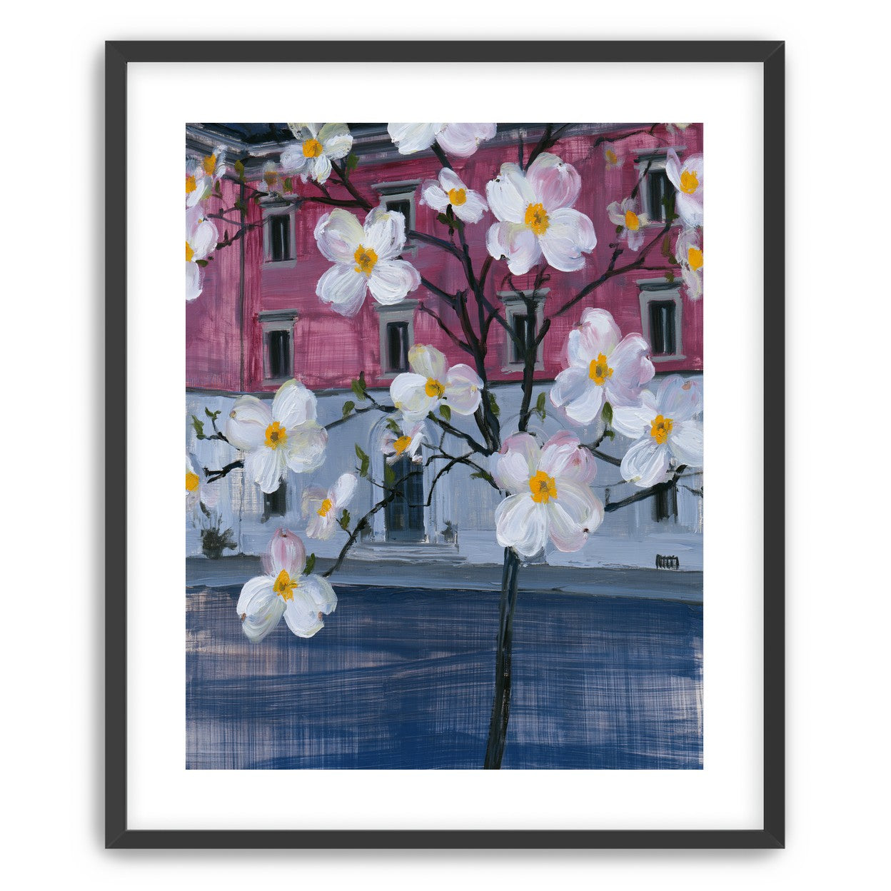 White blossoms over the pink house