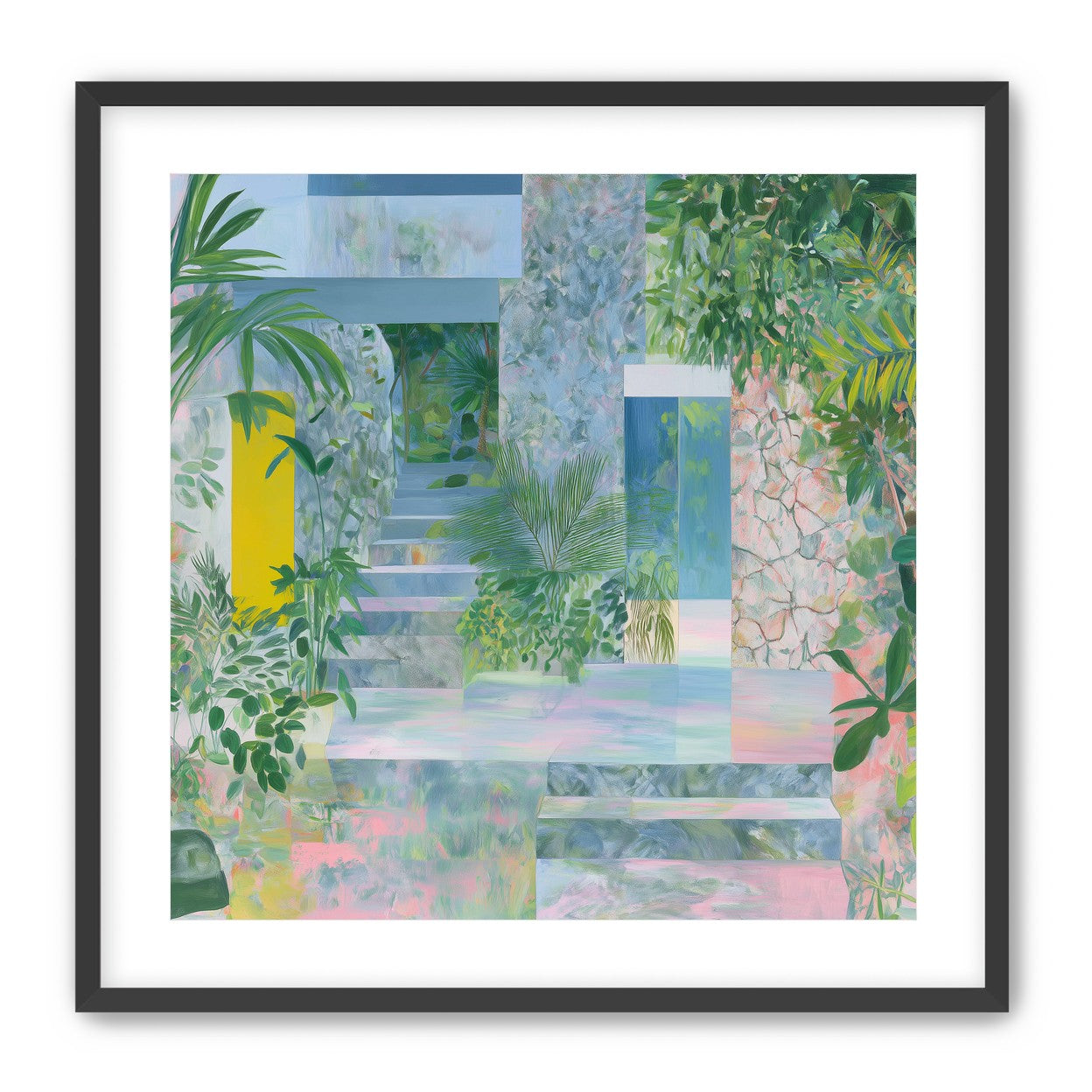Pastel stairs between yellow and blue doors