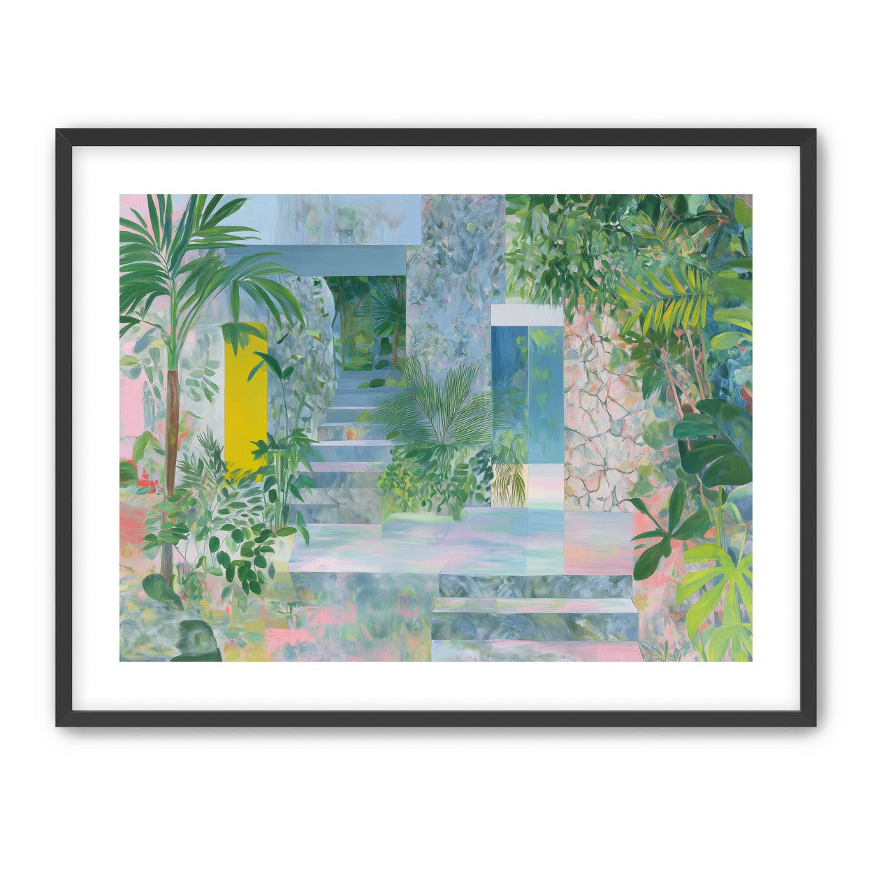 Pastel stairs between yellow and blue doors