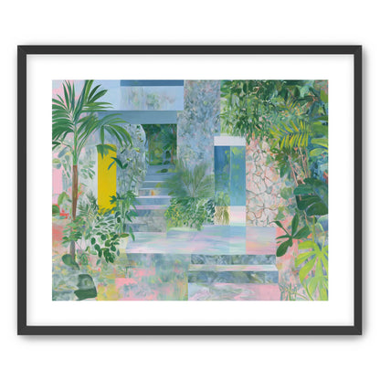 Pastel stairs between yellow and blue doors