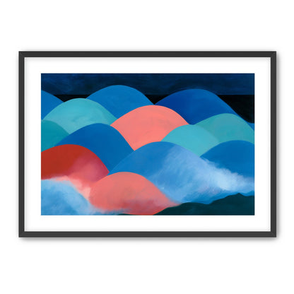 Pink moon among blue hills
