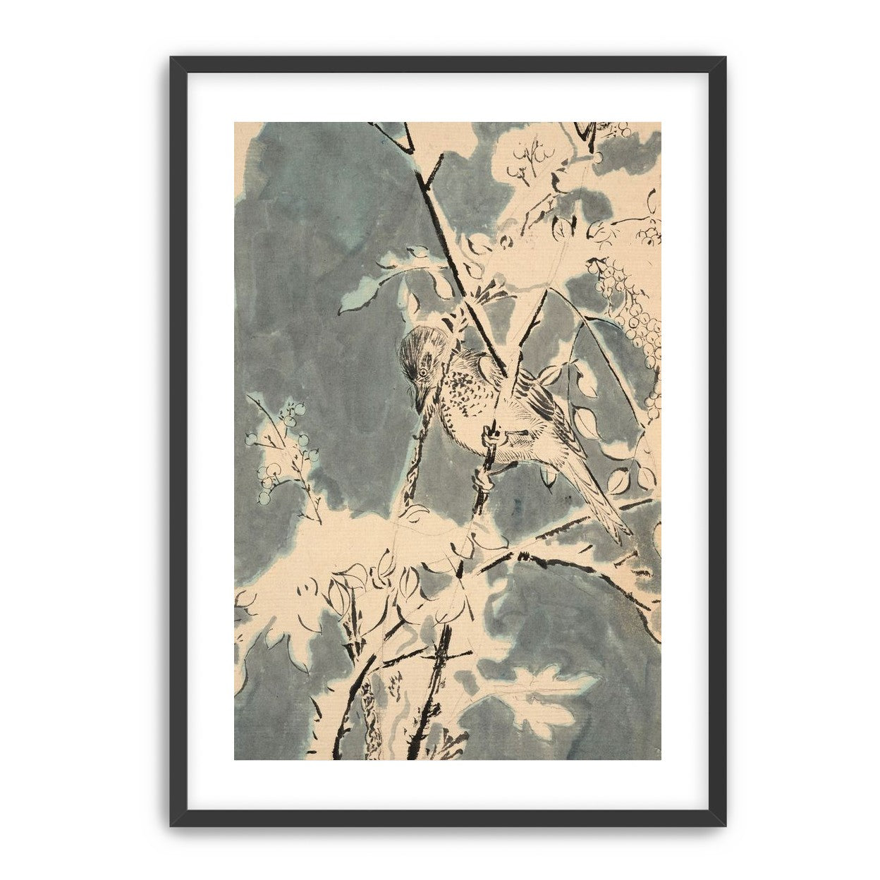 Quiet bird in berry branches