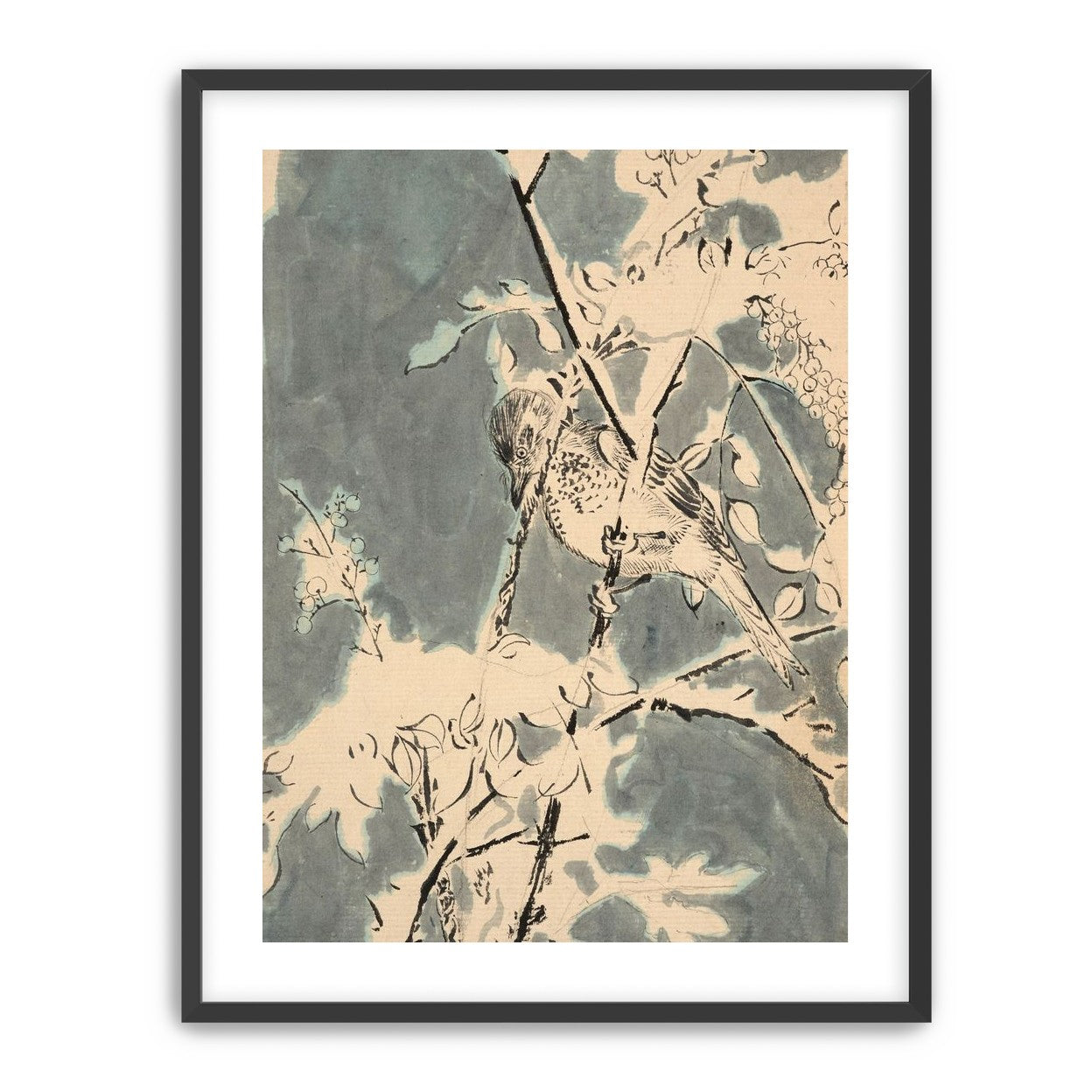 Quiet bird in berry branches