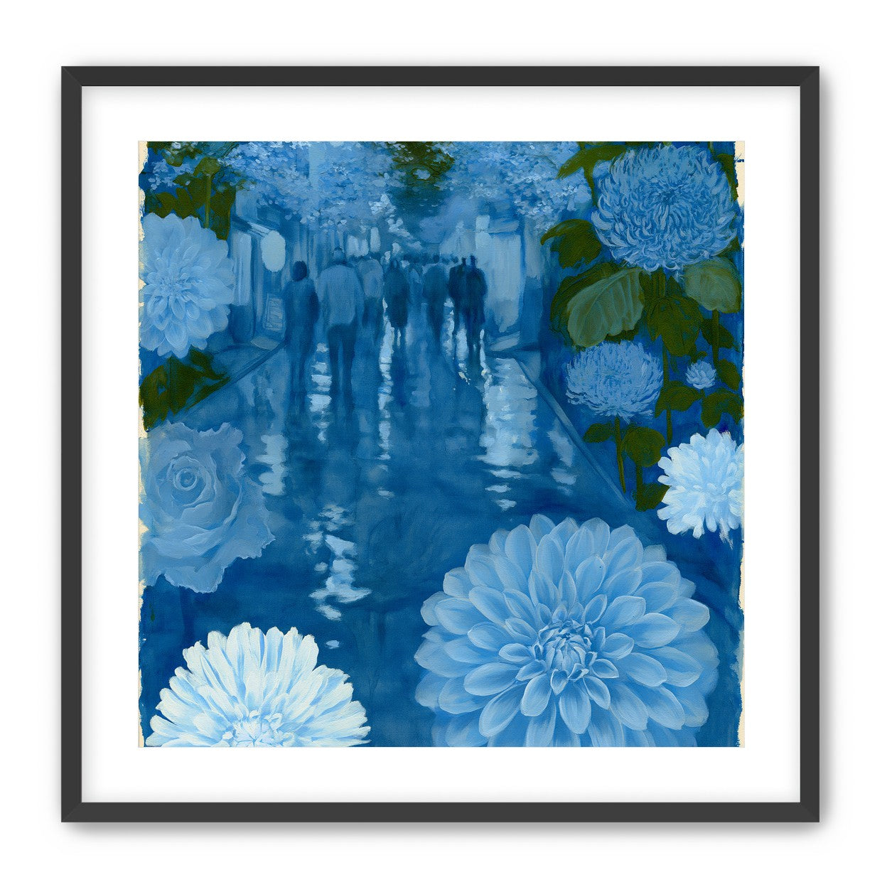 Blue street with flowers