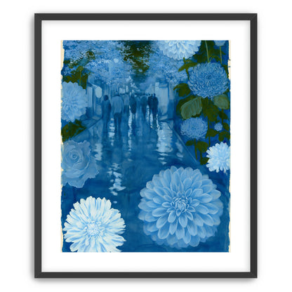 Blue street with flowers