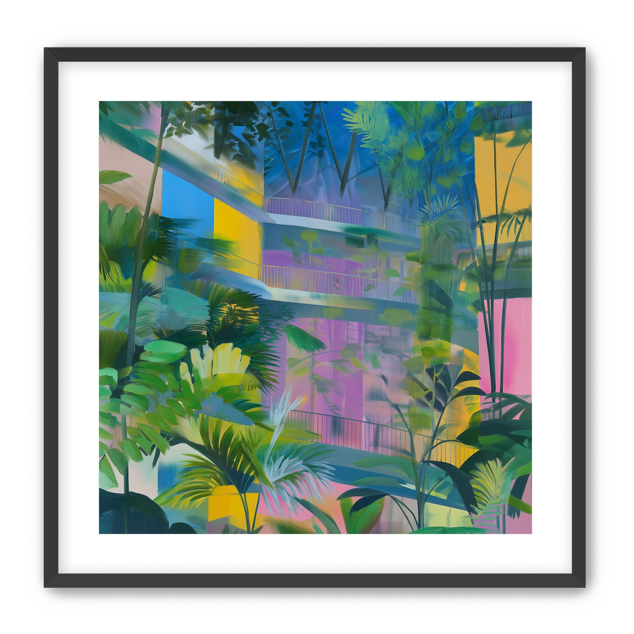 Blue roof over pink atrium