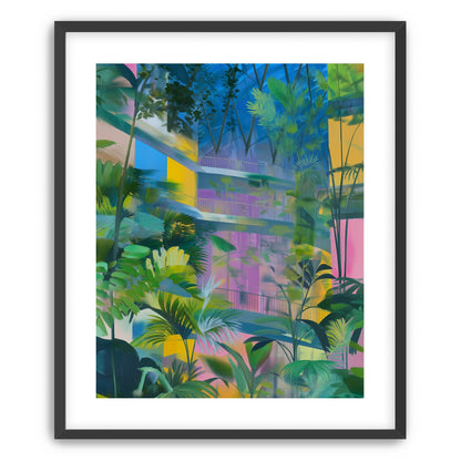 Blue roof over pink atrium