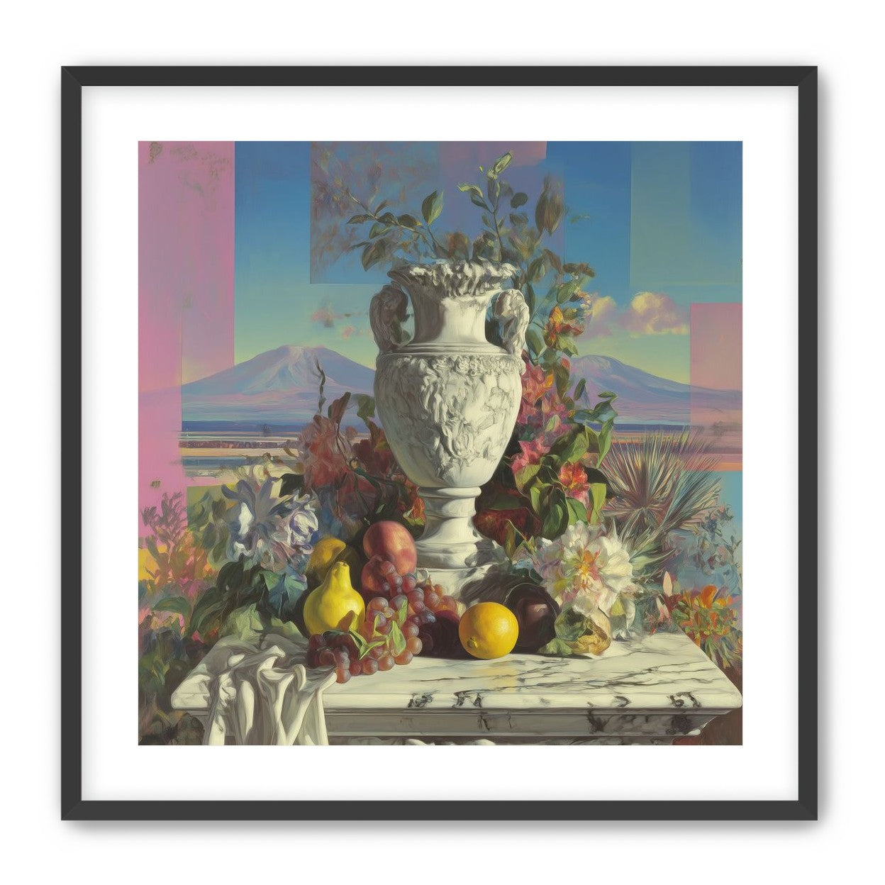 Urn and fruit before mountains