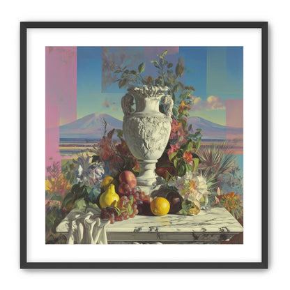 Urn and fruit before mountains