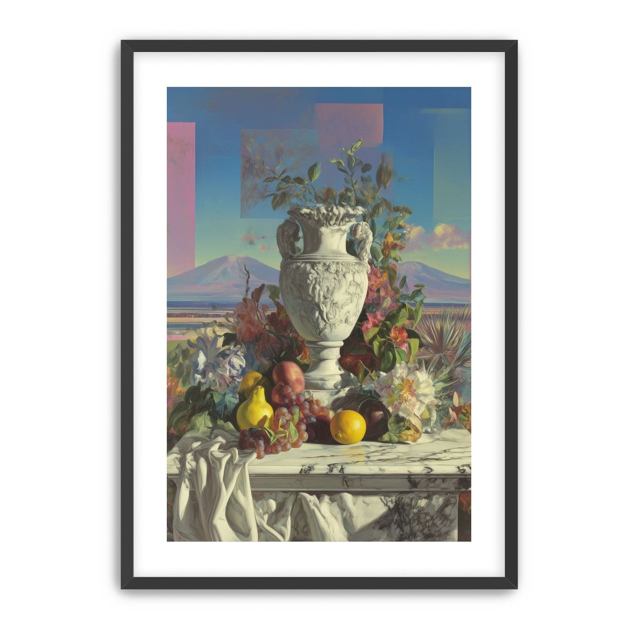Urn and fruit before mountains