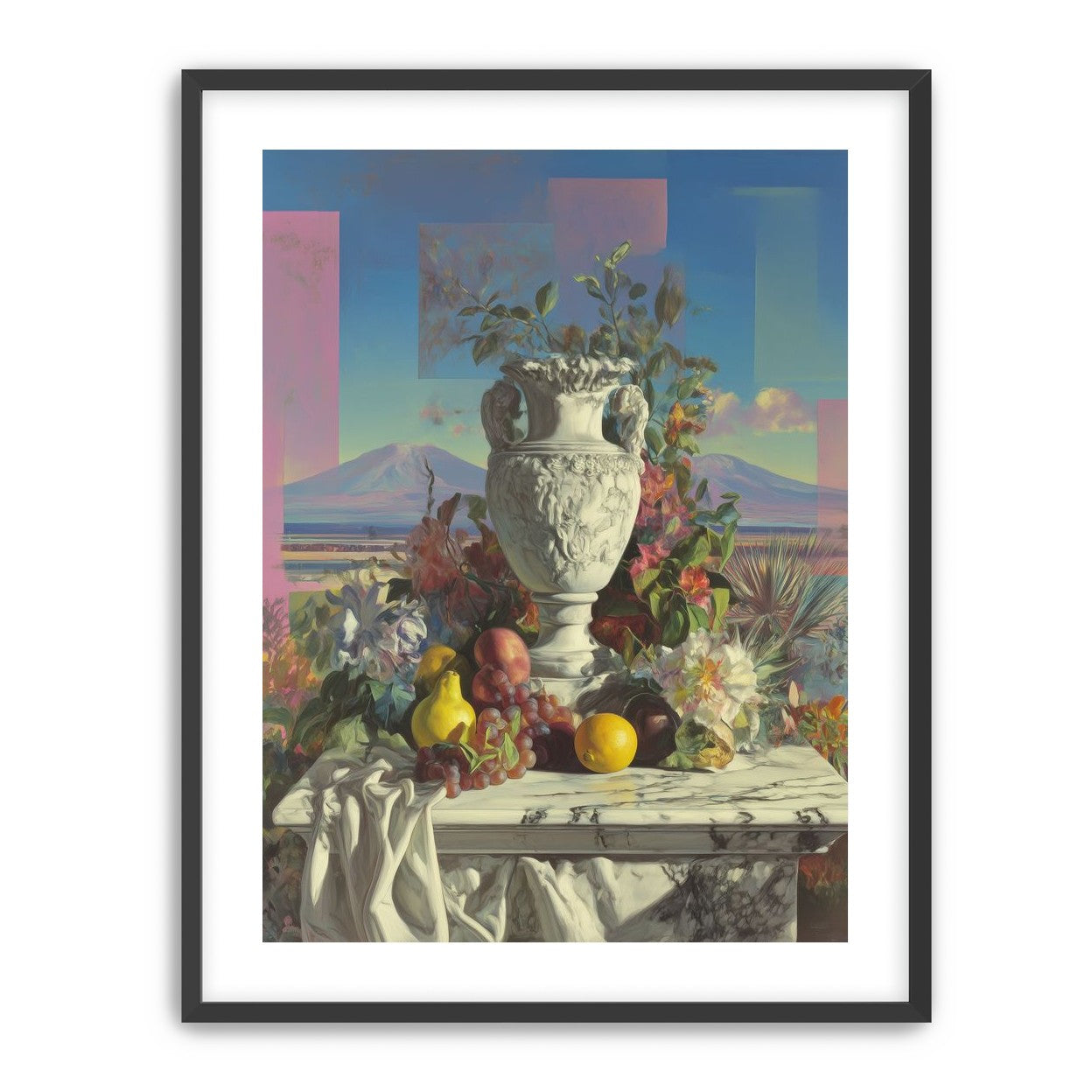 Urn and fruit before mountains
