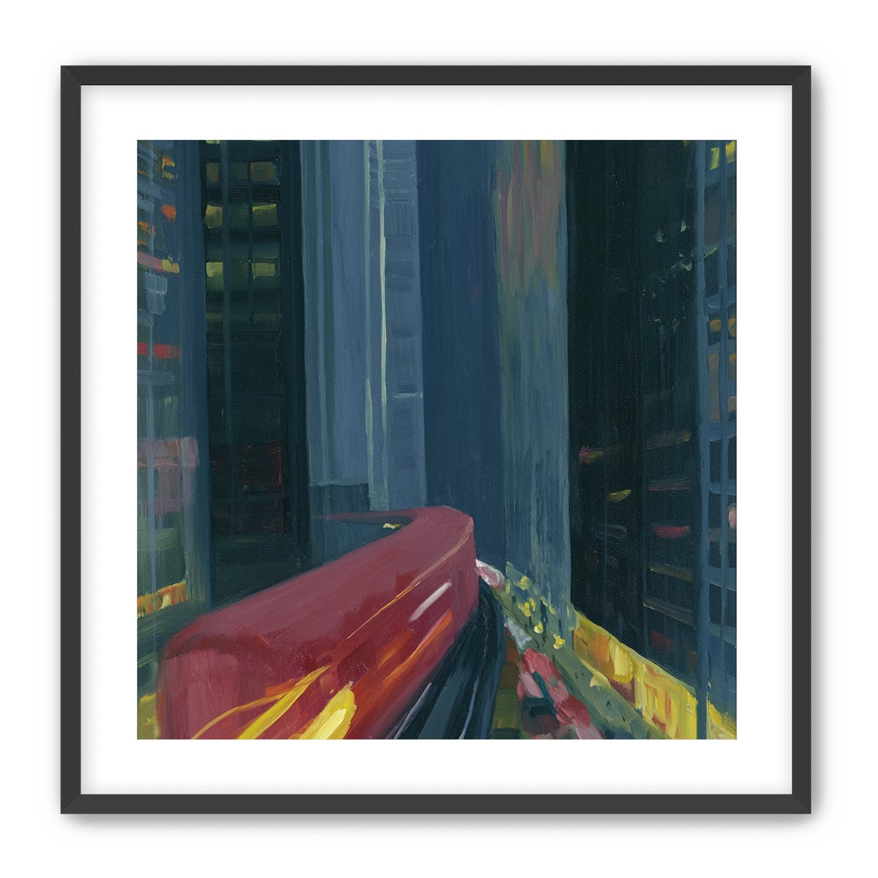 Red train in blue towers