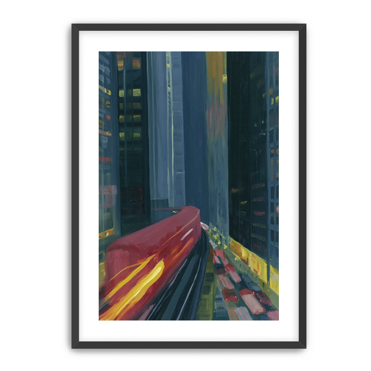 Red train in blue towers
