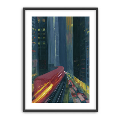 Red train in blue towers