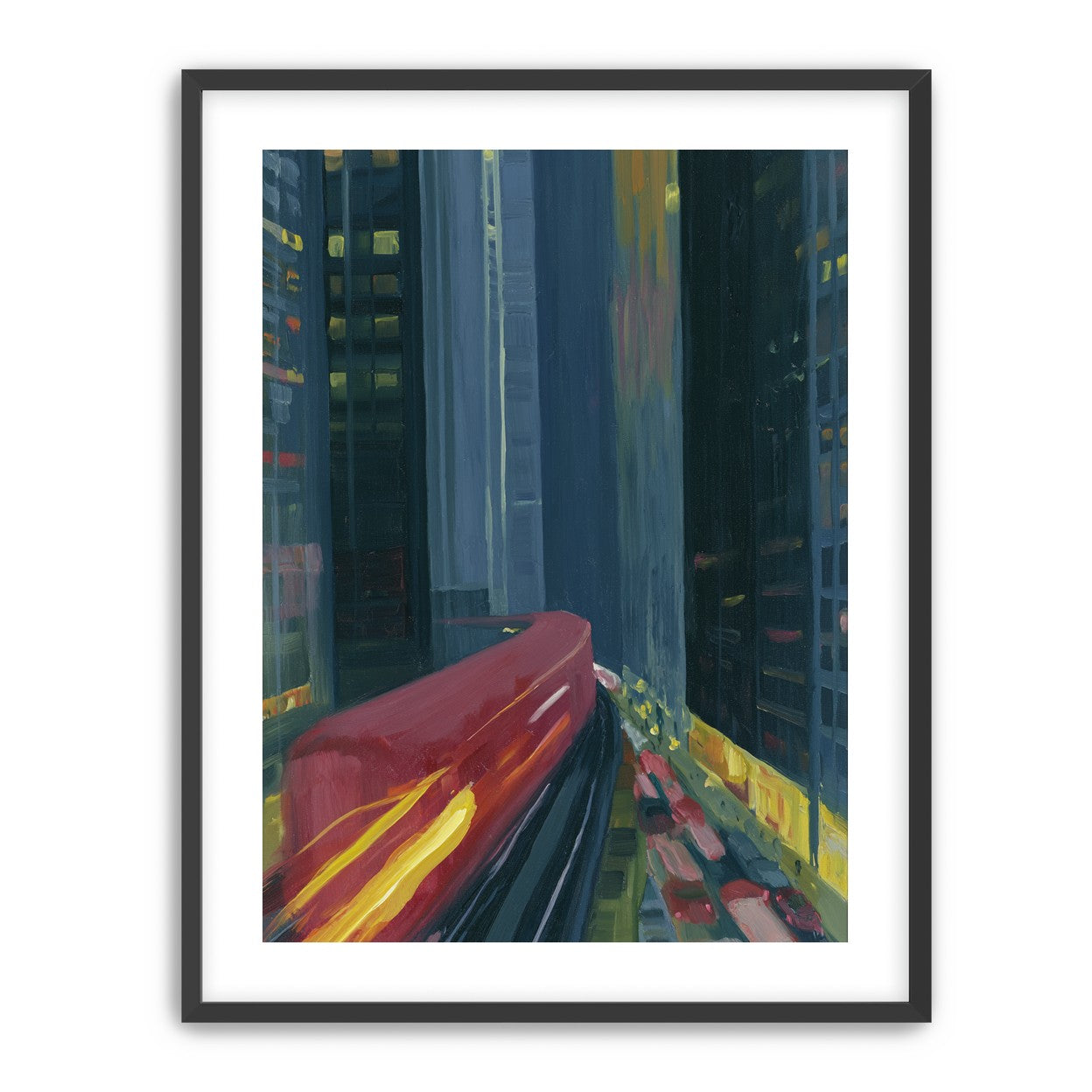 Red train in blue towers