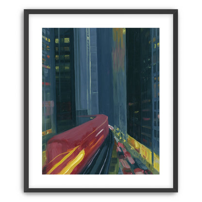 Red train in blue towers
