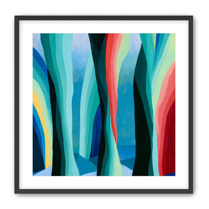 Between red trunks and blue shadows