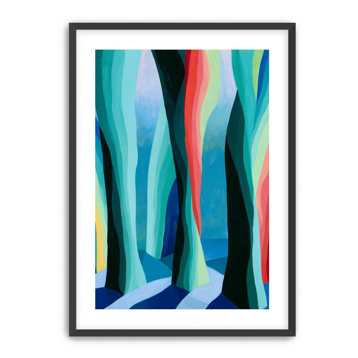 Between red trunks and blue shadows