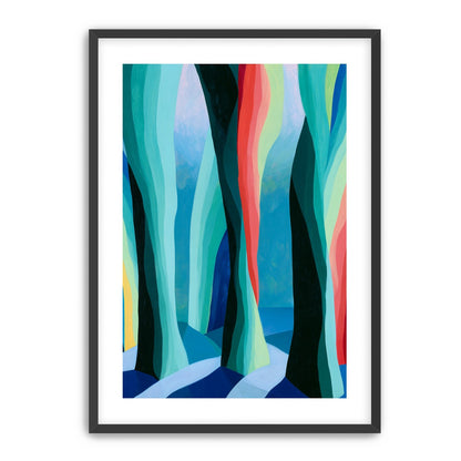 Between red trunks and blue shadows