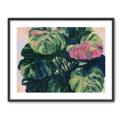 Pink light on green leaves