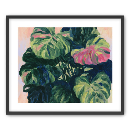 Pink light on green leaves
