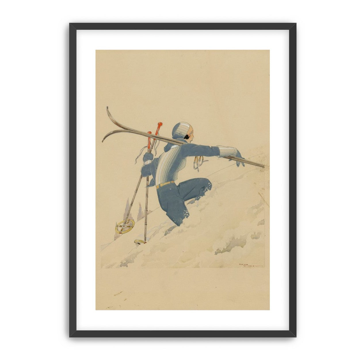 Blue skier in pale snow
